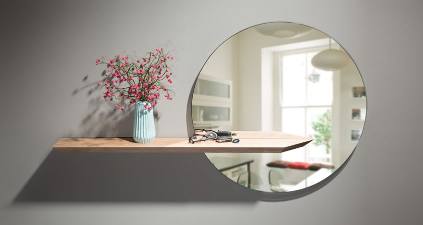 Round mirror with floating oak shelf