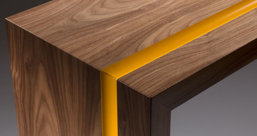 Walnut Console Table with yellow stripe detail